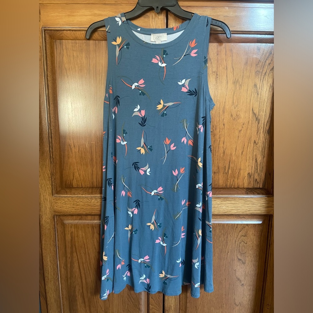 LOFT Teal Blue Floral Asymmetrical Swing Dress